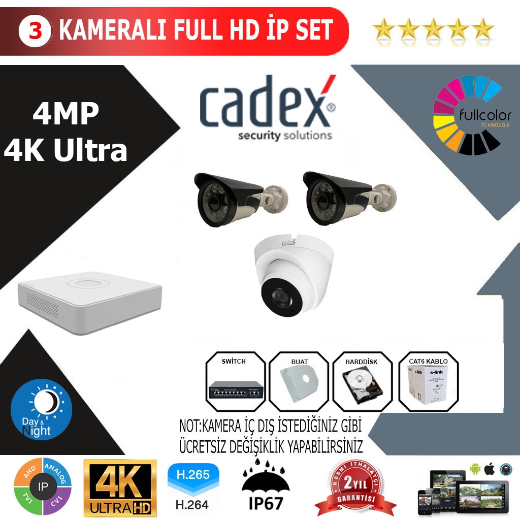 CADEX 3’lü 4MP 4K ULTRA İP Kamera Seti
