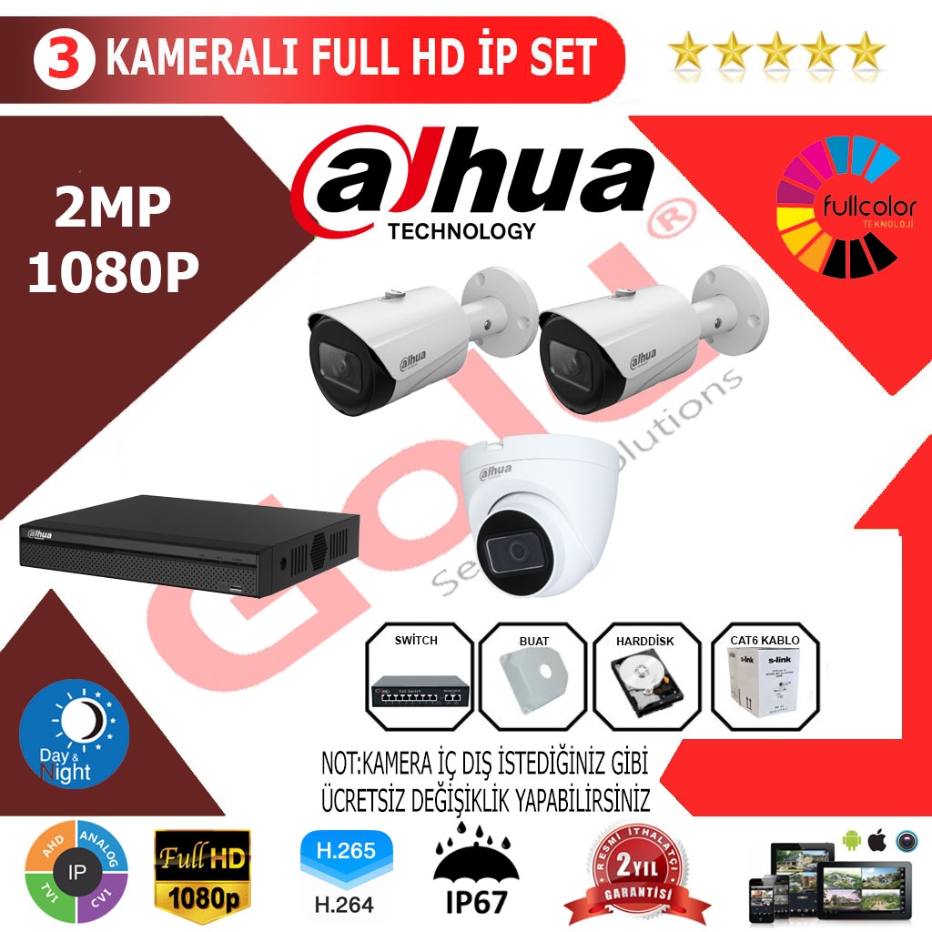 Dahua 3’lü 2MP 1080P İP Kamera Seti