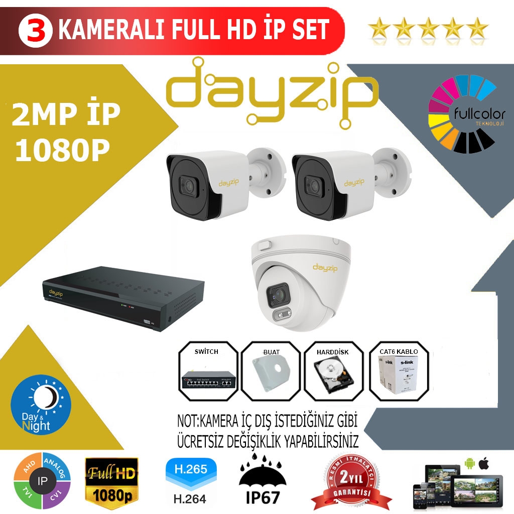 Dayzip 3’lü 2MP 1080P İP Kamera Sistemi