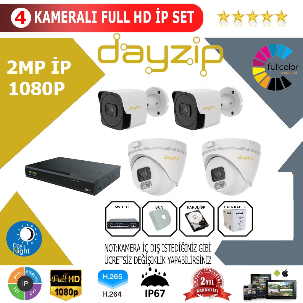 Dayzip 4’lü 2MP 1080P İP Kamera Sistemi