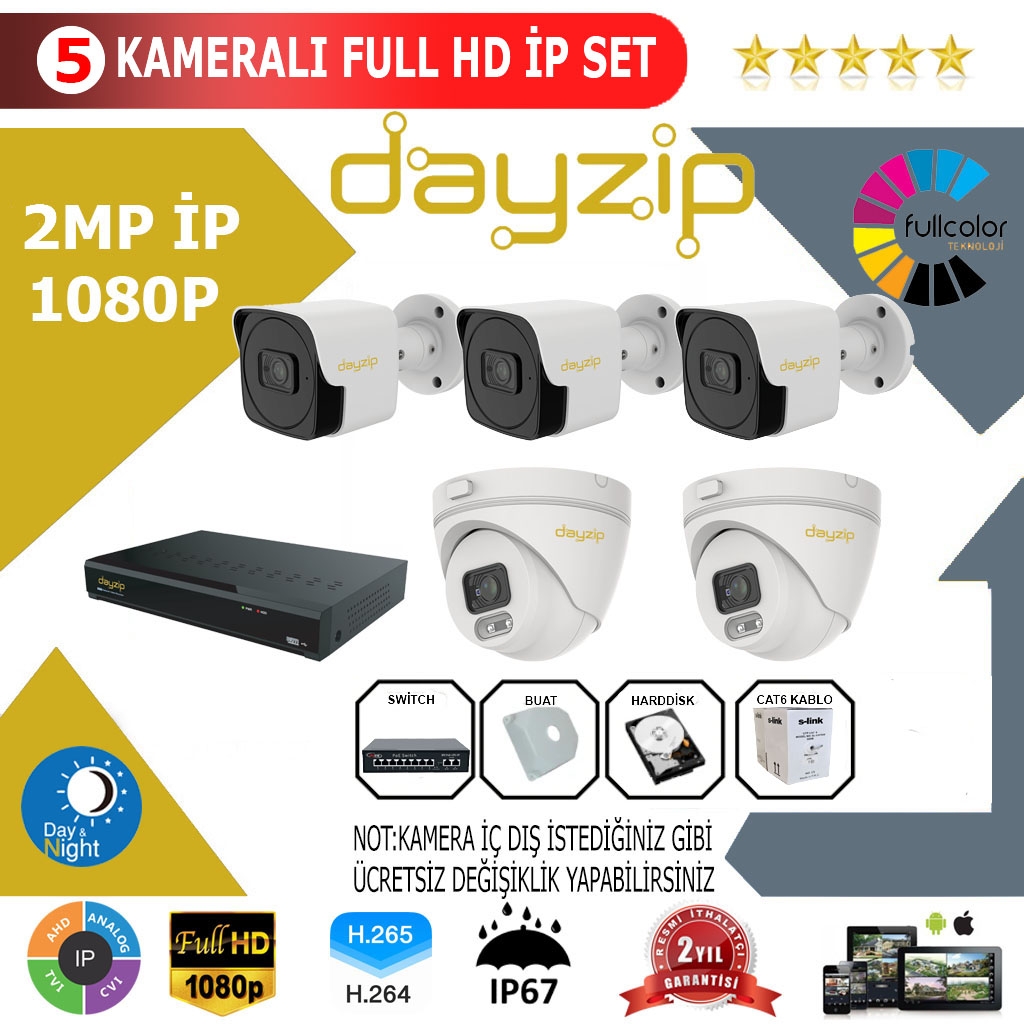 Dayzip 5’li 2MP 1080P İP Kamera Sistemi