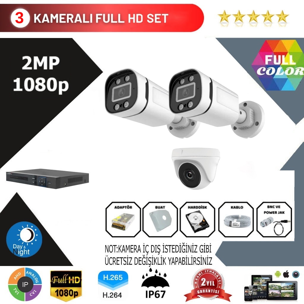 Go Vision 3’lü Kamera Seti 2MP 1080P Full Color Serisi
