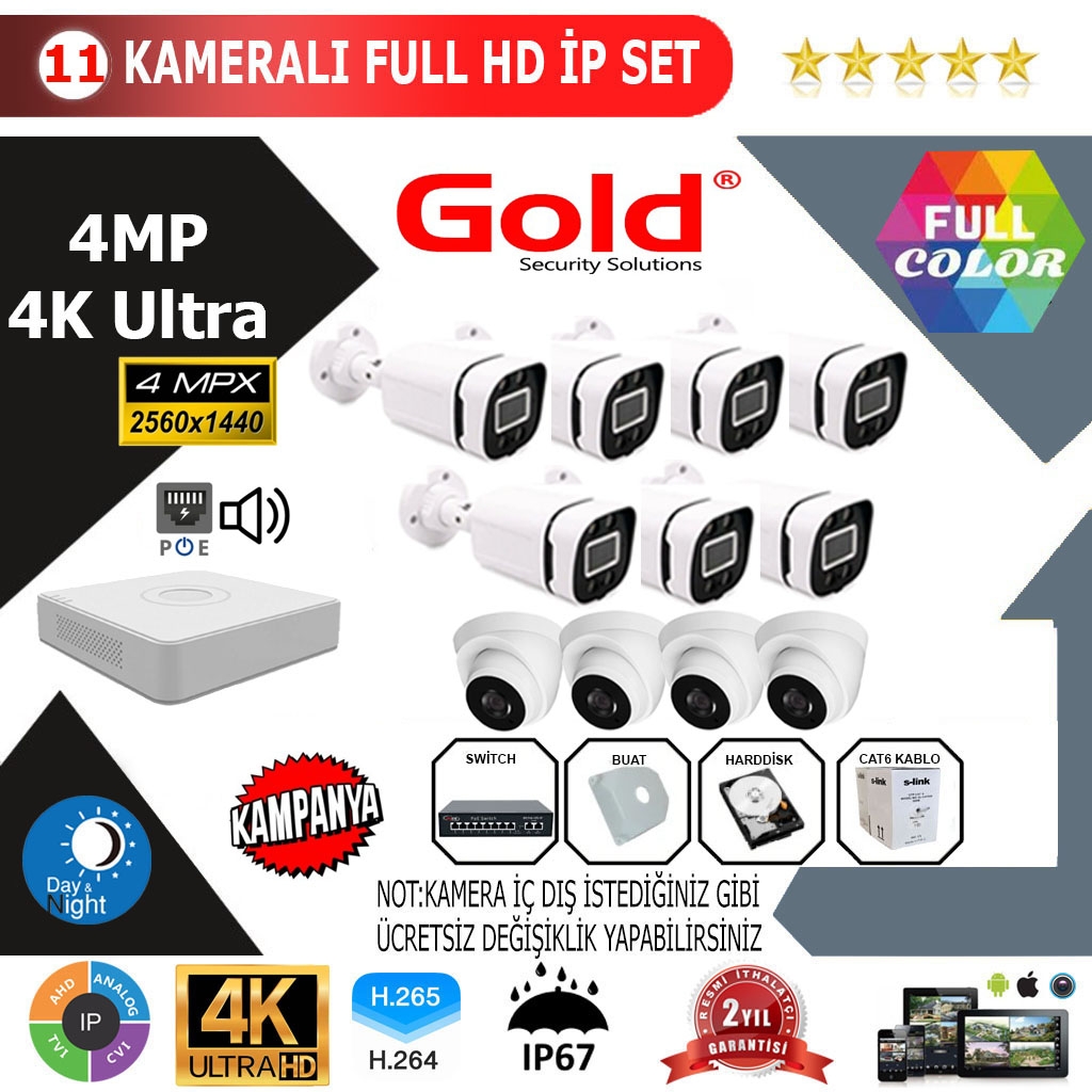 GOLD 11’lİ 4MP 4K ULTRA İP Kamera Seti