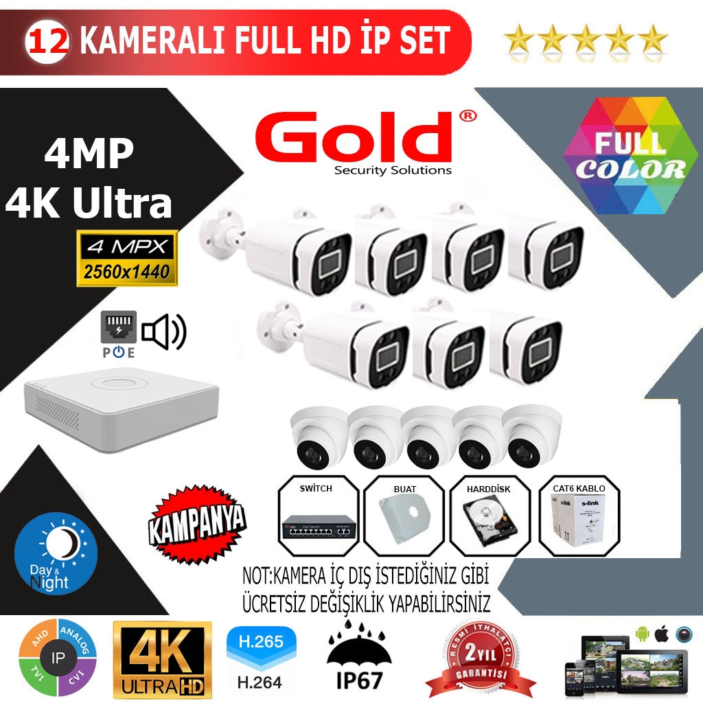 GOLD 12’lİ 4MP 4K ULTRA İP Kamera Seti