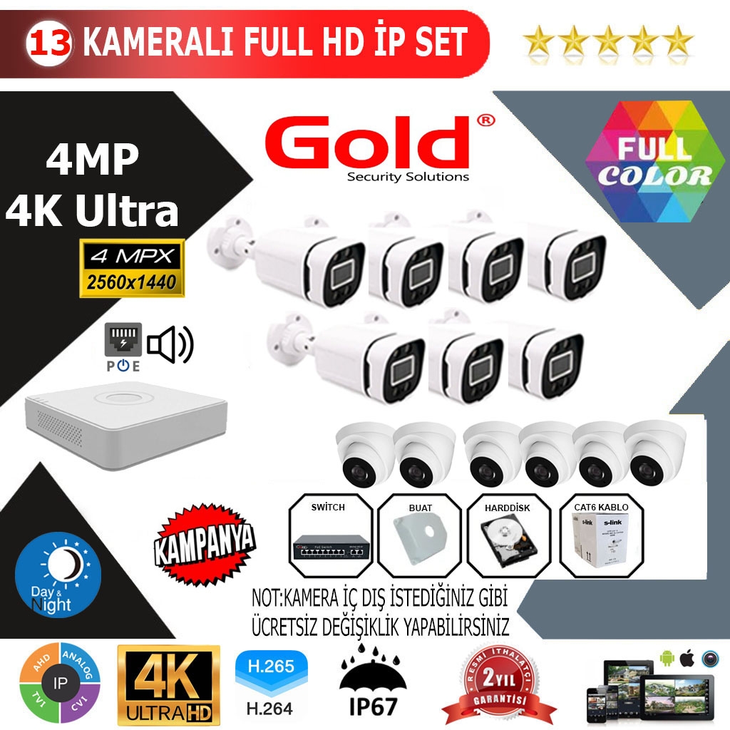 GOLD 13’lİ 4MP 4K ULTRA İP Kamera Seti