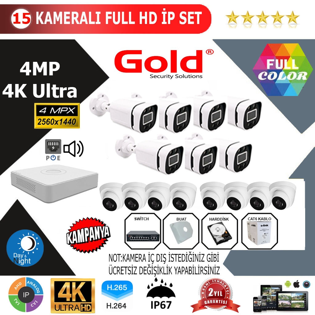 GOLD 15’lİ 4MP 4K ULTRA İP Kamera Seti