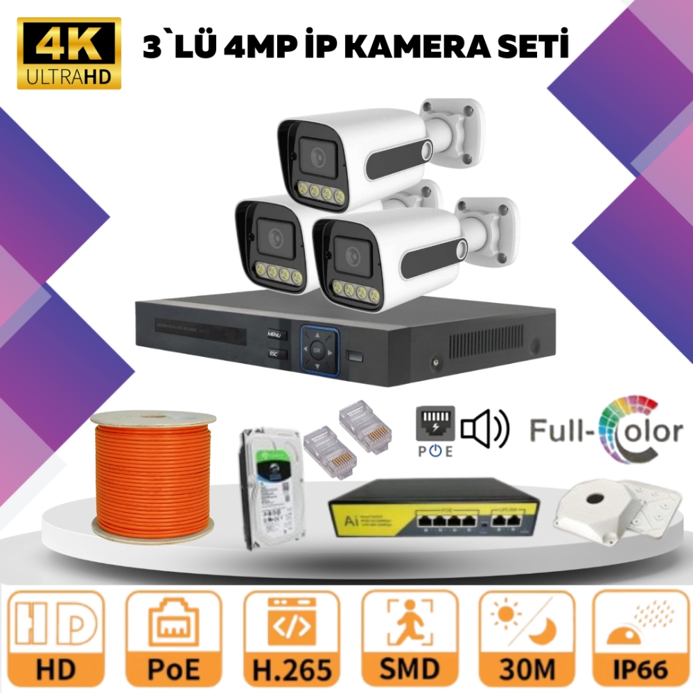 GOLD 3’lİ 4MP 4K ULTRA İP Kamera Seti