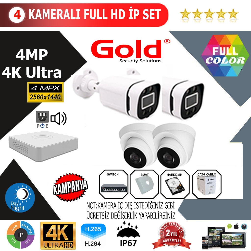 GOLD 4’lİ 4MP 4K ULTRA İP Kamera Seti