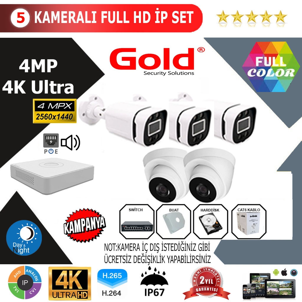 GOLD 5’lİ 4MP 4K ULTRA İP Kamera Seti