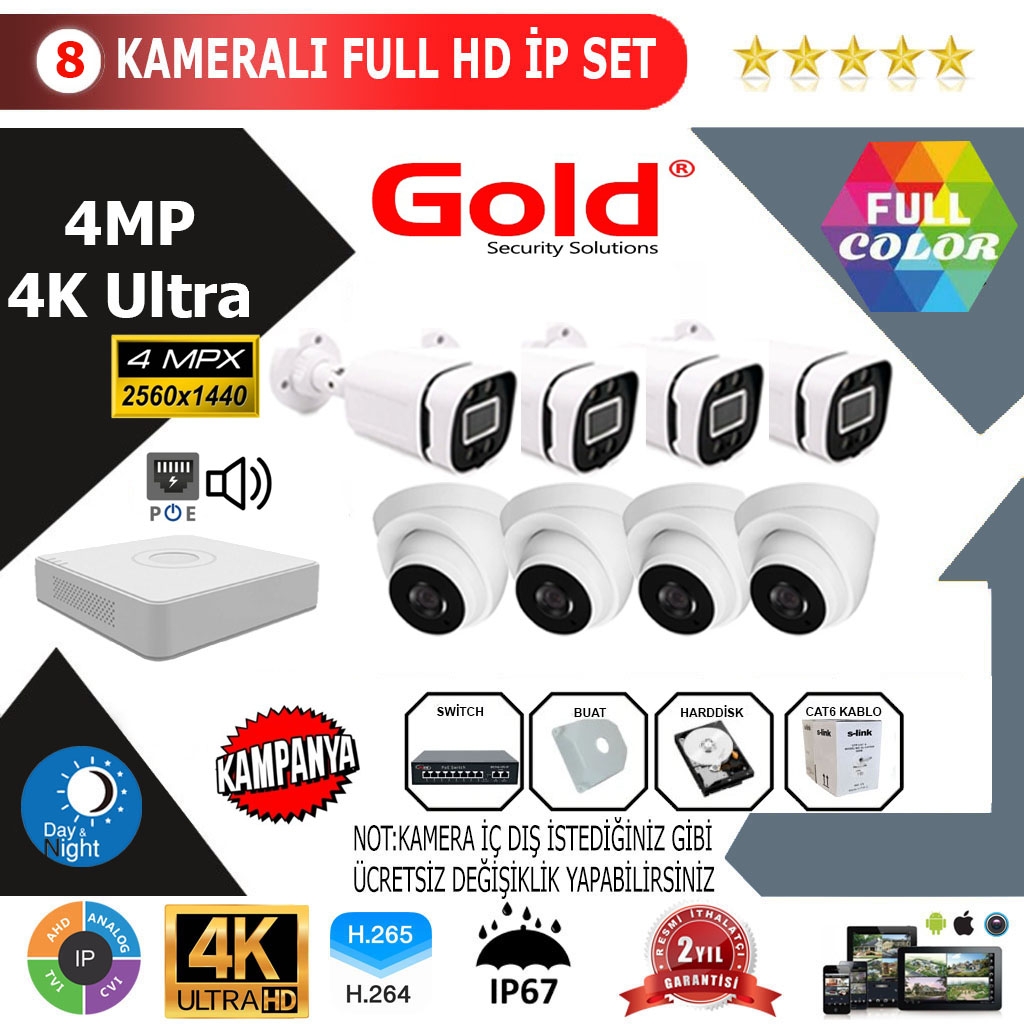 GOLD 8’lİ 4MP 4K ULTRA İP Kamera Seti