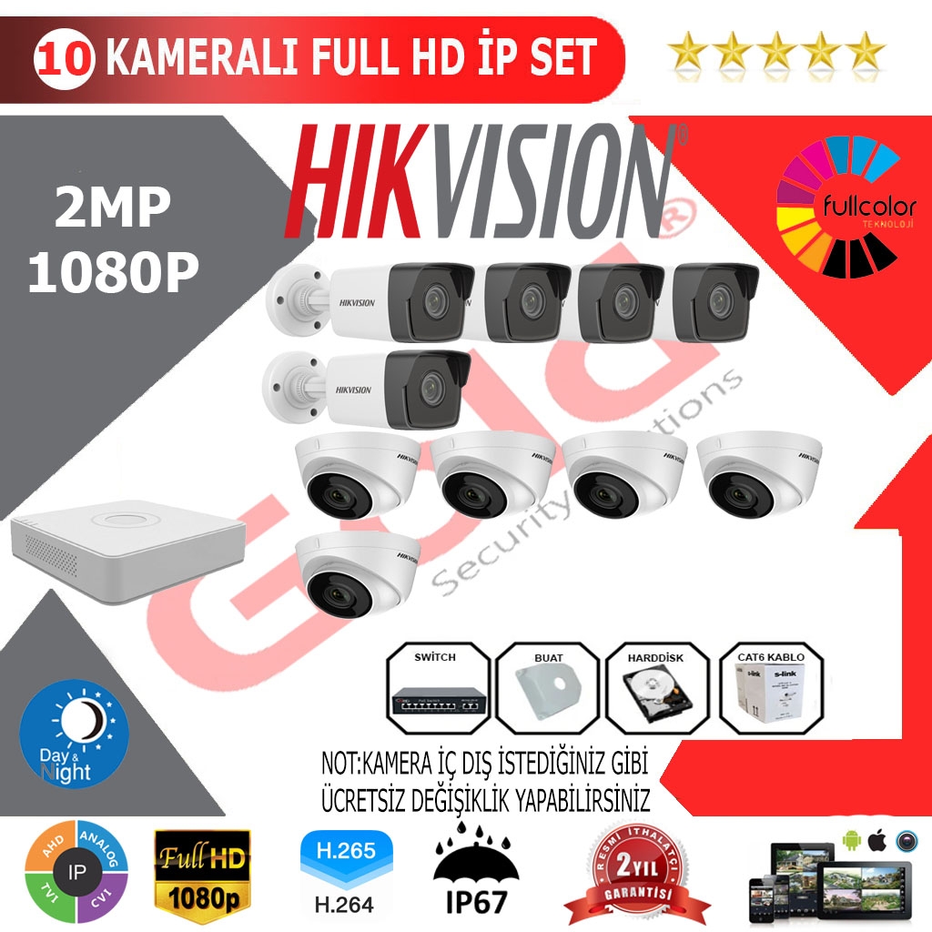 Hikvision 10’lu 2MP 1080P İP Kamera Seti