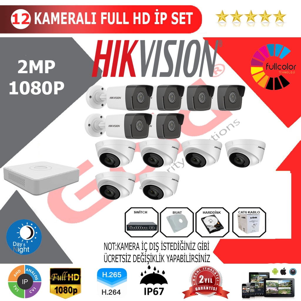 Hikvision 12’li 2MP 1080P İP Kamera Seti