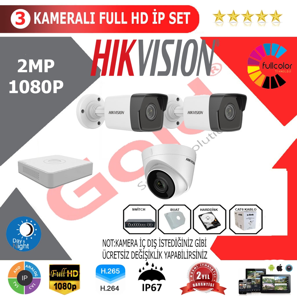 Hikvision 3’lü 2MP 1080P İP Kamera Seti