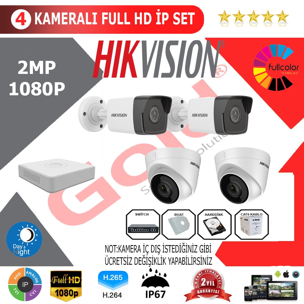 Hikvision 4’lü 2MP 1080P İP Kamera Seti