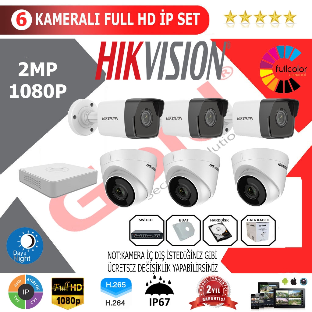 Hikvision 6’lı 2MP 1080P İP Kamera Seti