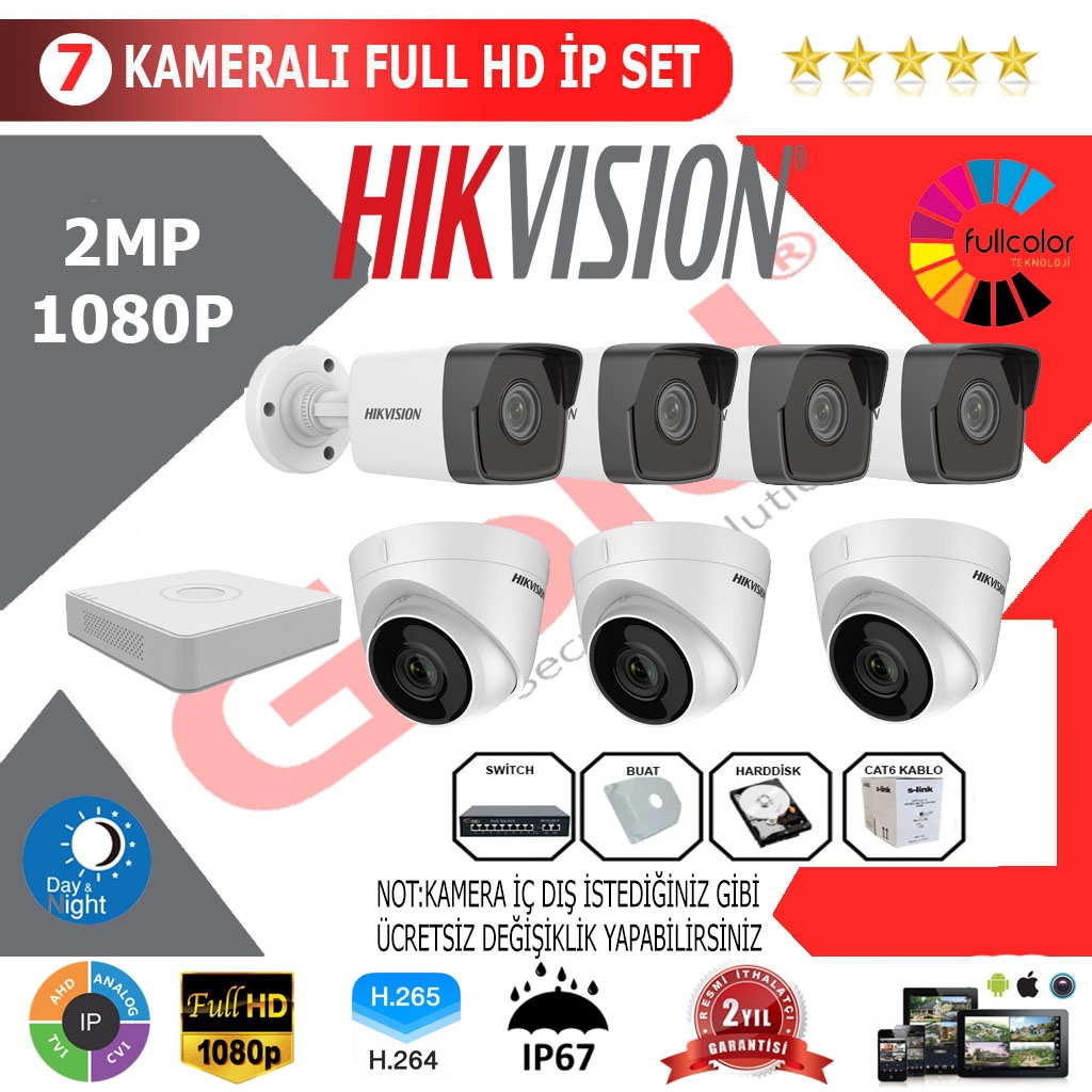 Hikvision 7’li 2MP 1080P İP Kamera Seti