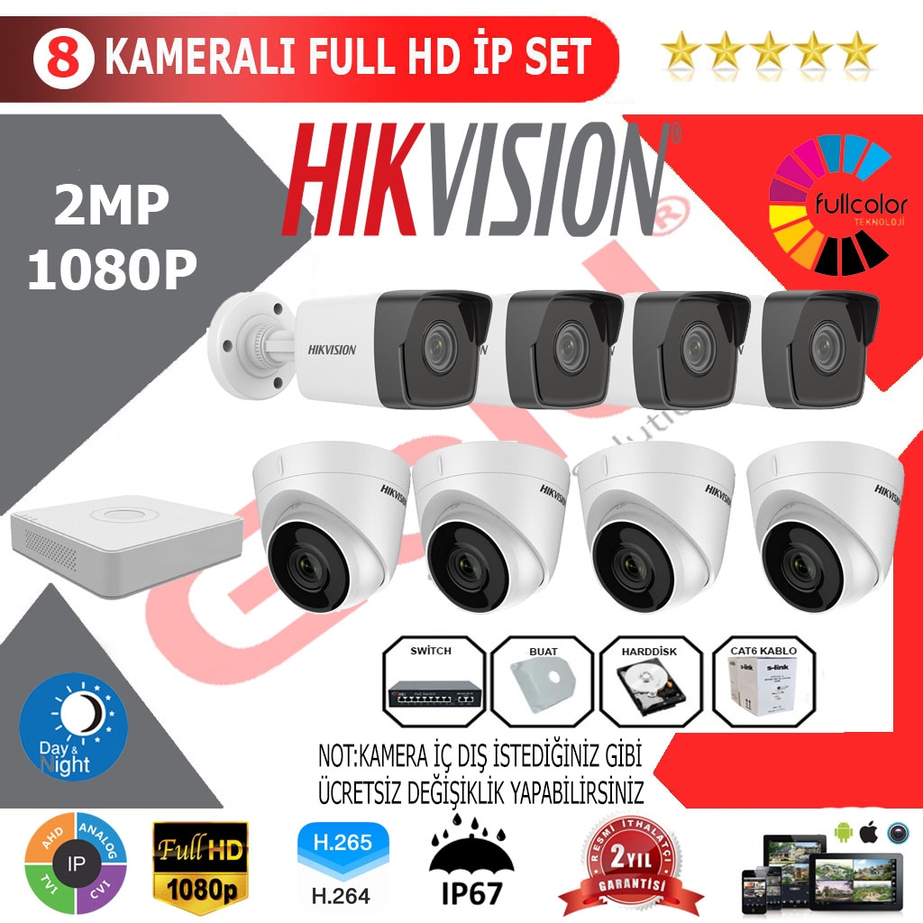 Hikvision 8’li 2MP 1080P İP Kamera Seti