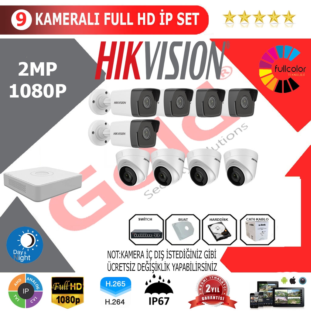 Hikvision 9’lu 2MP 1080P İP Kamera Seti