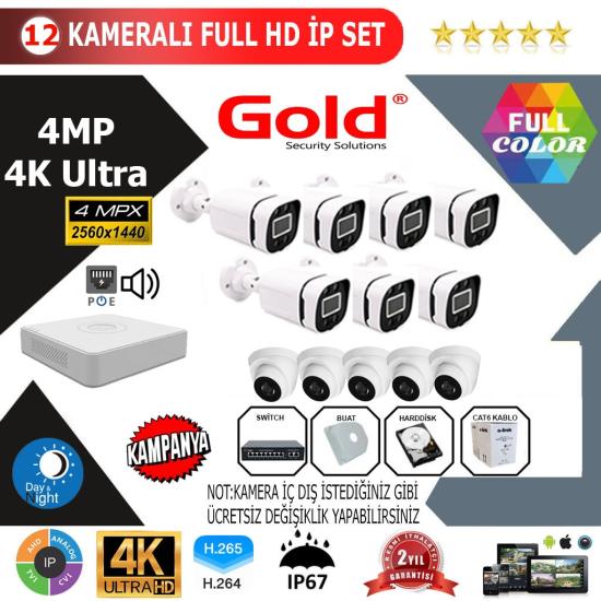 GOLD 12’lİ 4MP 4K ULTRA İP Kamera Seti